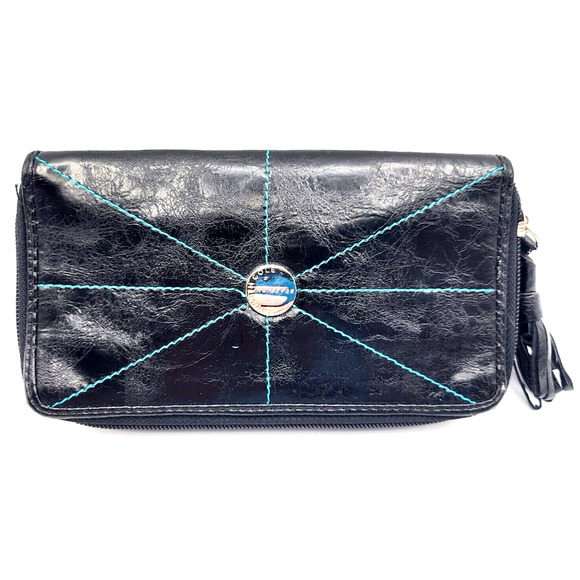 KENNETH COLE REACTION Black Clutch Organizer Leather Tassel Zipper Pulls 8x4.5x1 - Picture 1 of 11